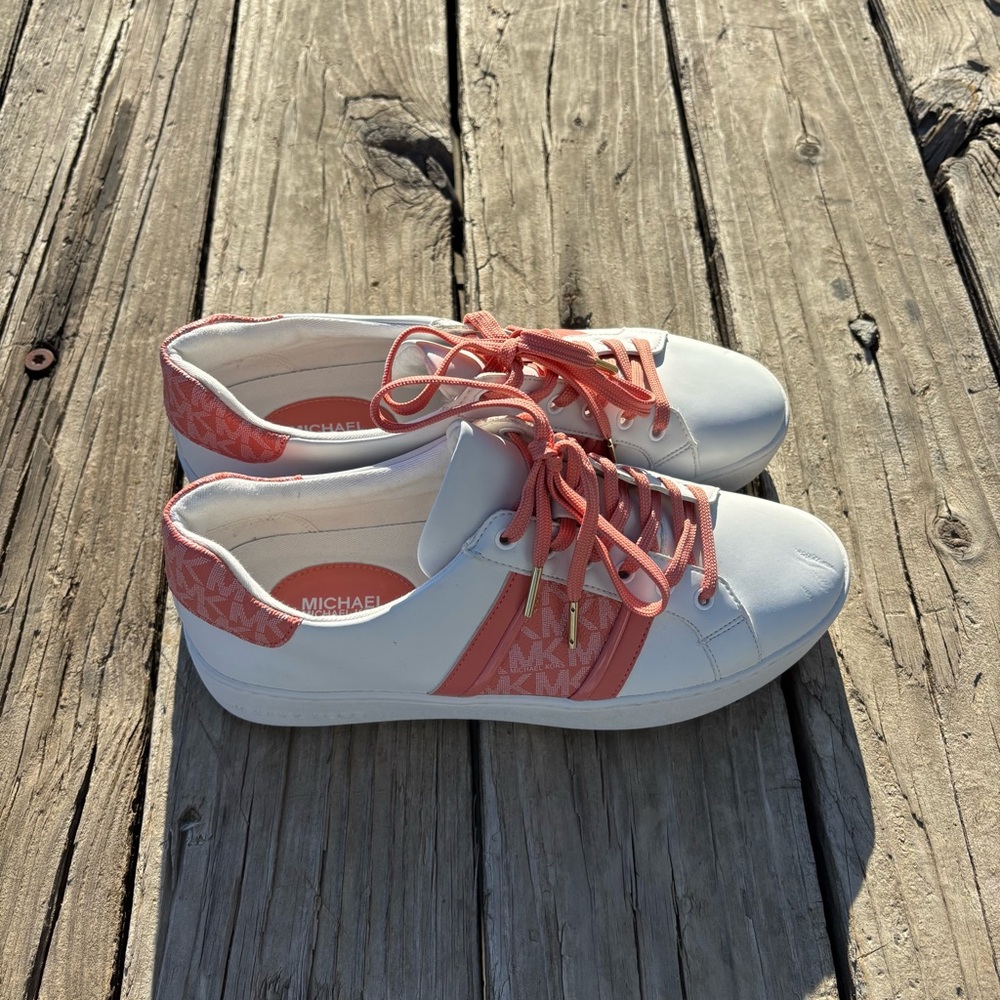 Michael Kors White Sneakers with Coral Accents and Logo Panel